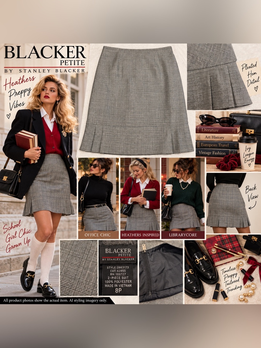 Blacker Petite 8P Gray Glen Plaid Pencil Skirt Pleated Hem Preppy Career Classic